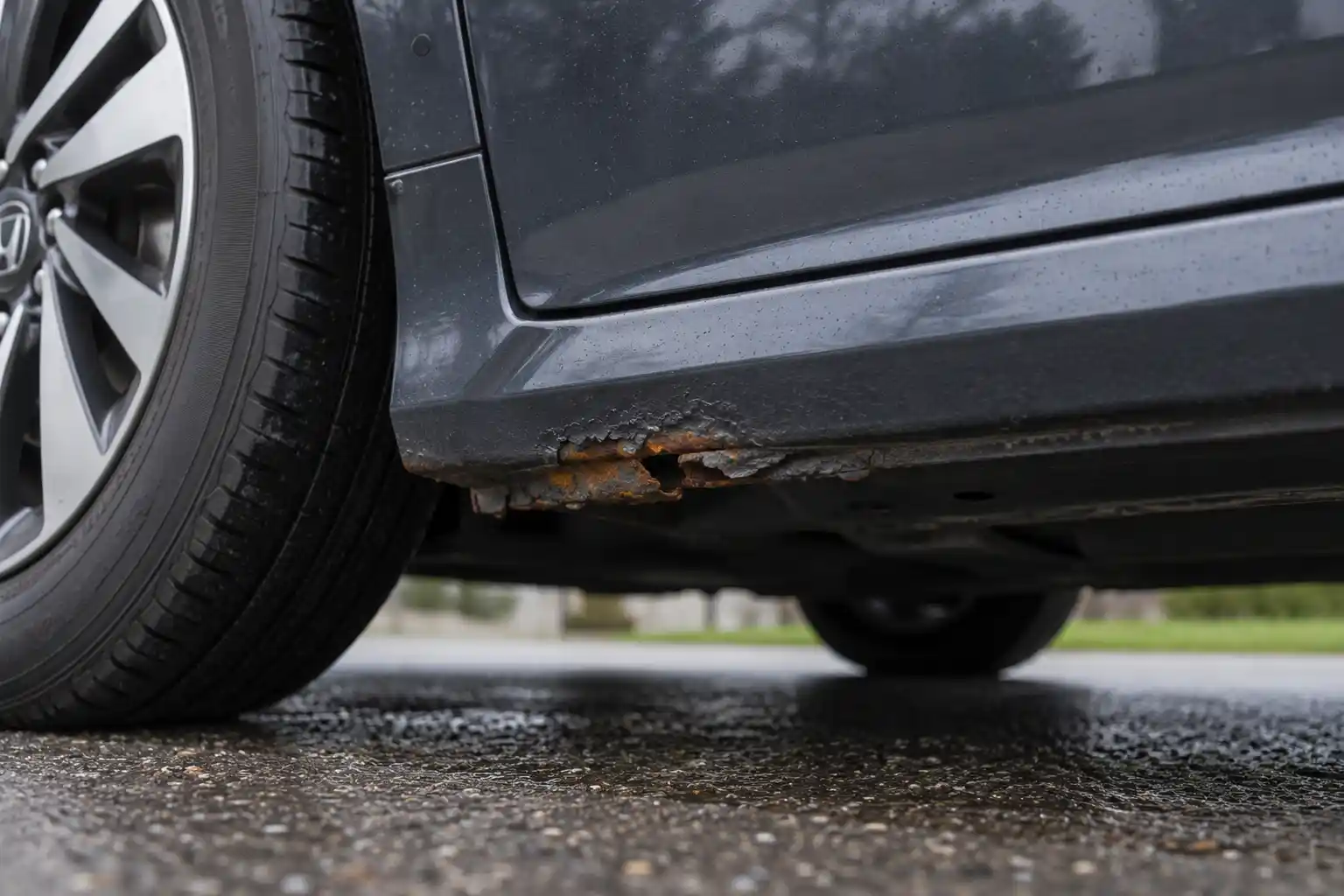 Corrosion visible sous le bas de caisse de la même Honda Civic